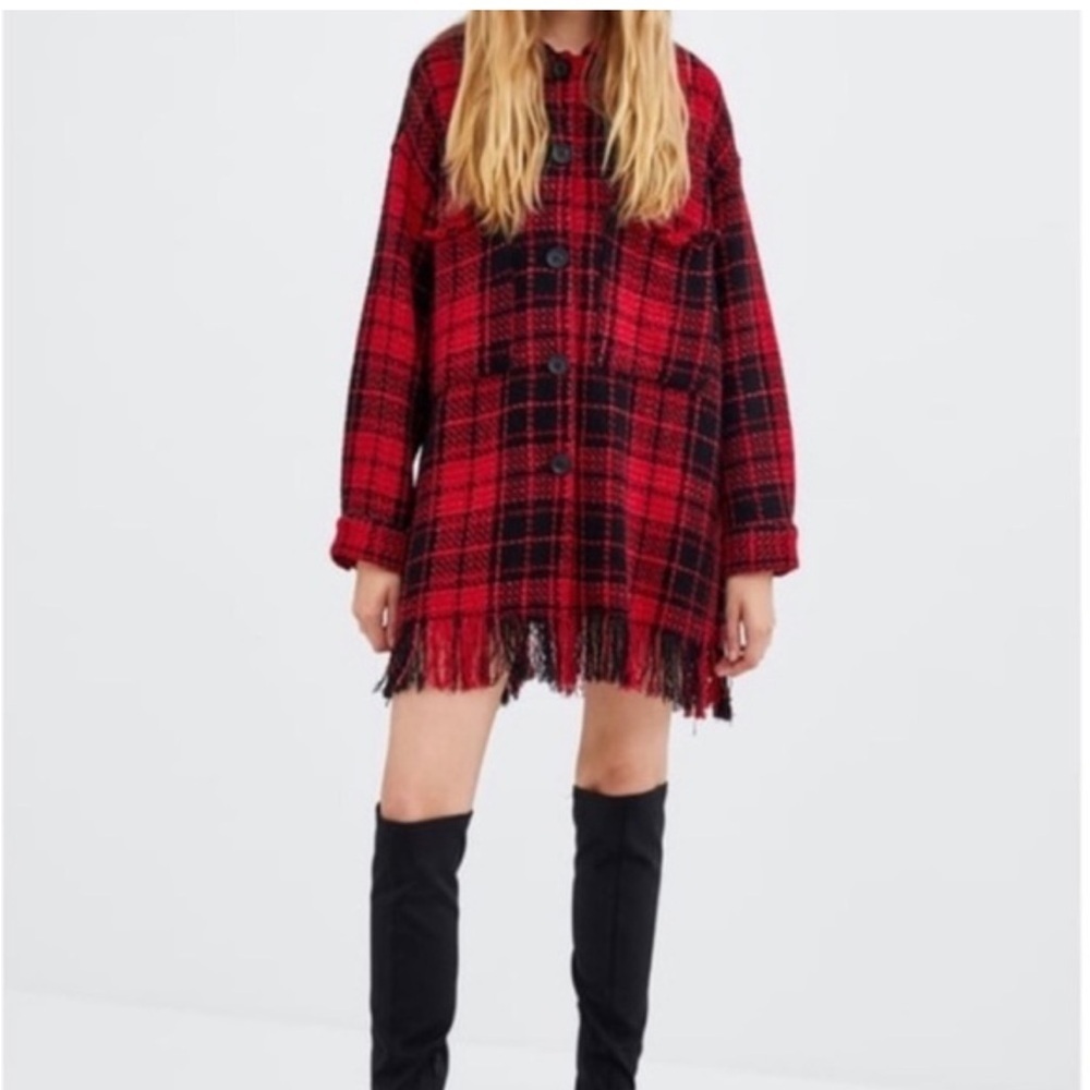 Zara Oversized Woven Tweed Buffalo Check Fringed Jacket